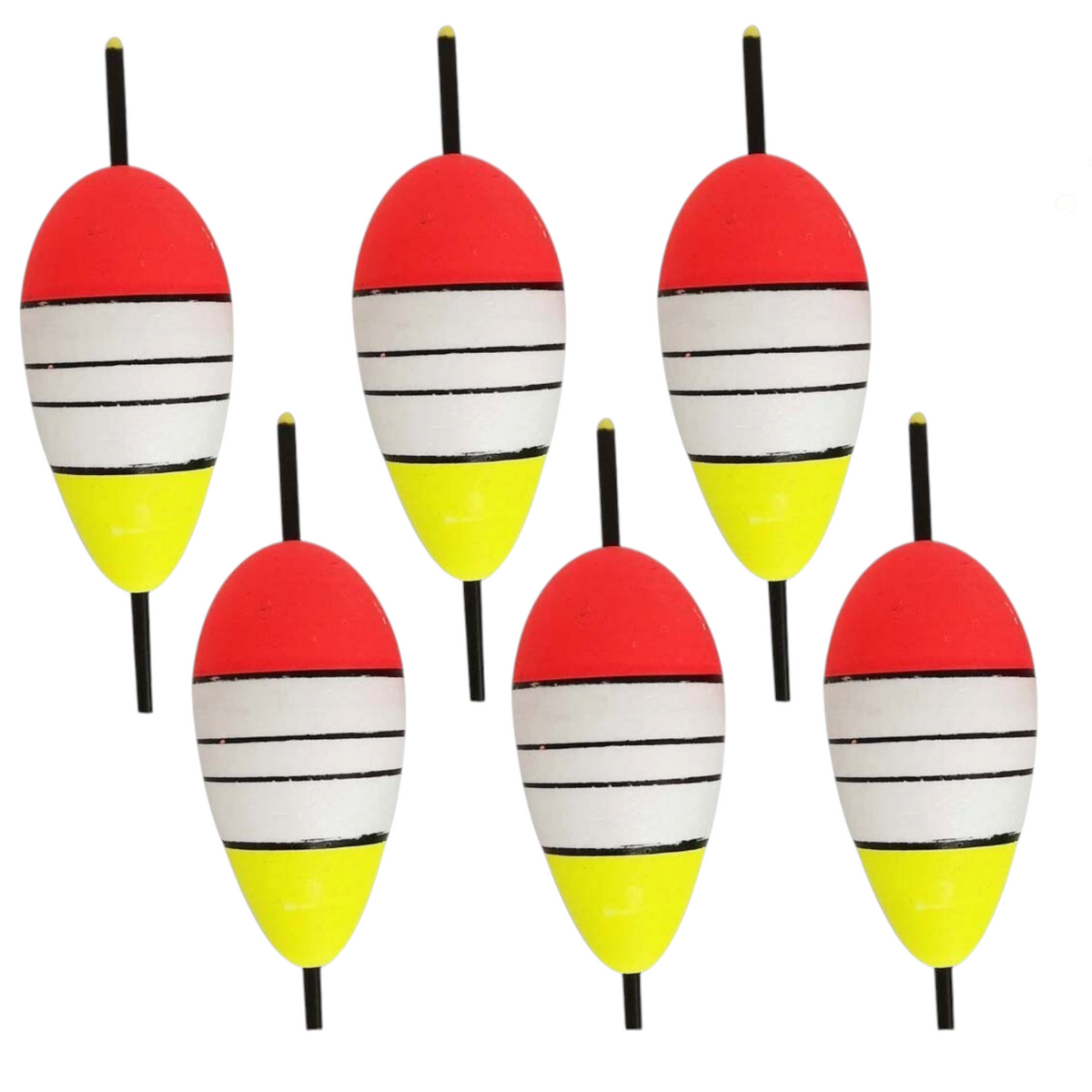 Rivernsea 11cm foam fishing floats in a pack of six, featuring red, white, and yellow segments for rig setups.