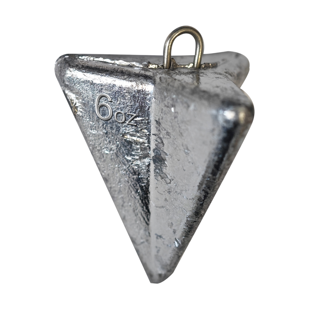 Rivernsea 6oz star fishing sinker made of lead with a stainless steel eyelet, isolated on a white background.