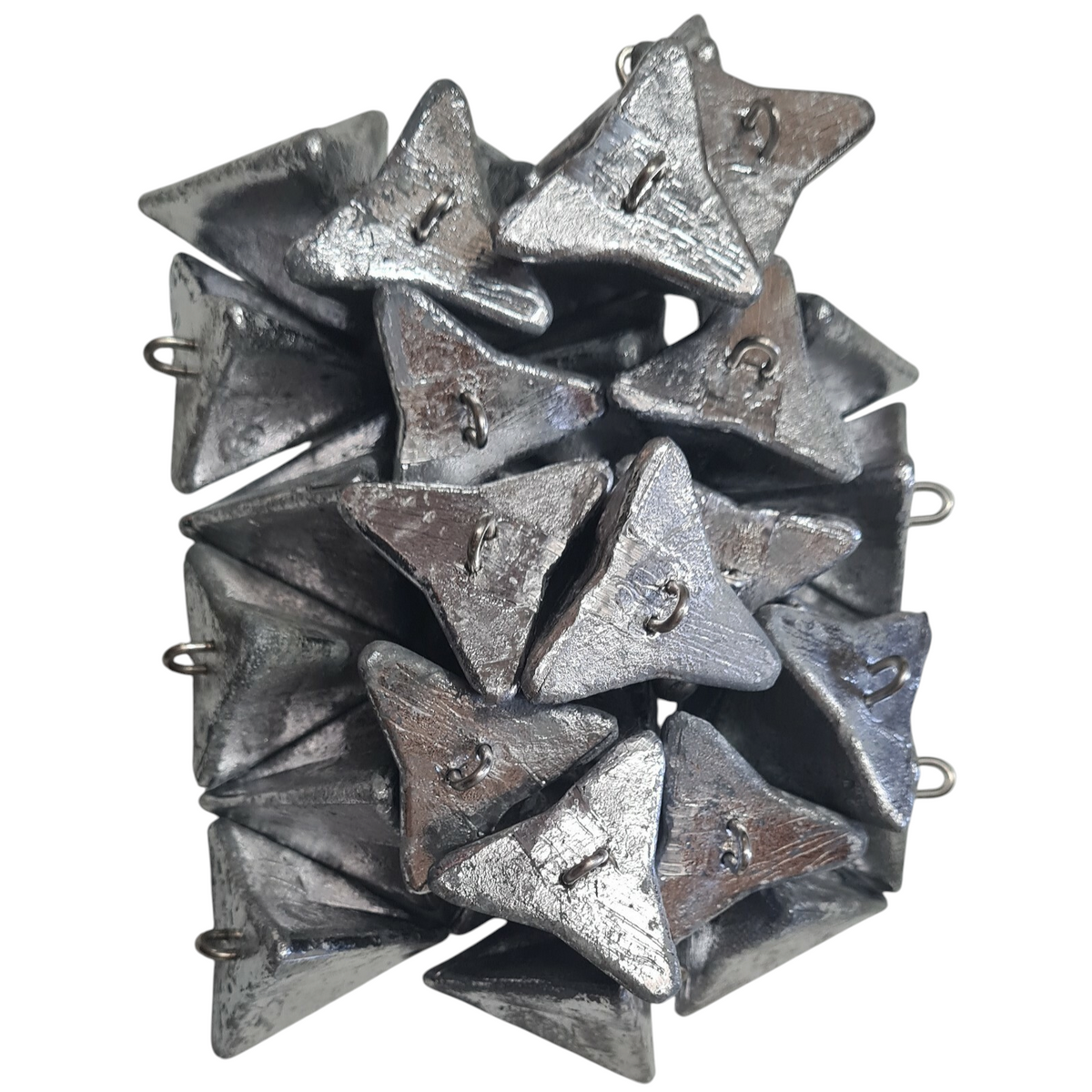 Rivernsea 6oz star fishing sinkers in a 28 piece pack, made of lead with stainless steel eyelets.