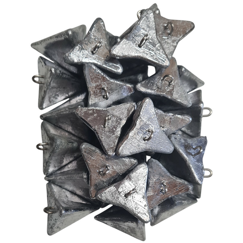 Rivernsea 6oz star fishing sinkers in a 28 piece pack, made of lead with stainless steel eyelets.