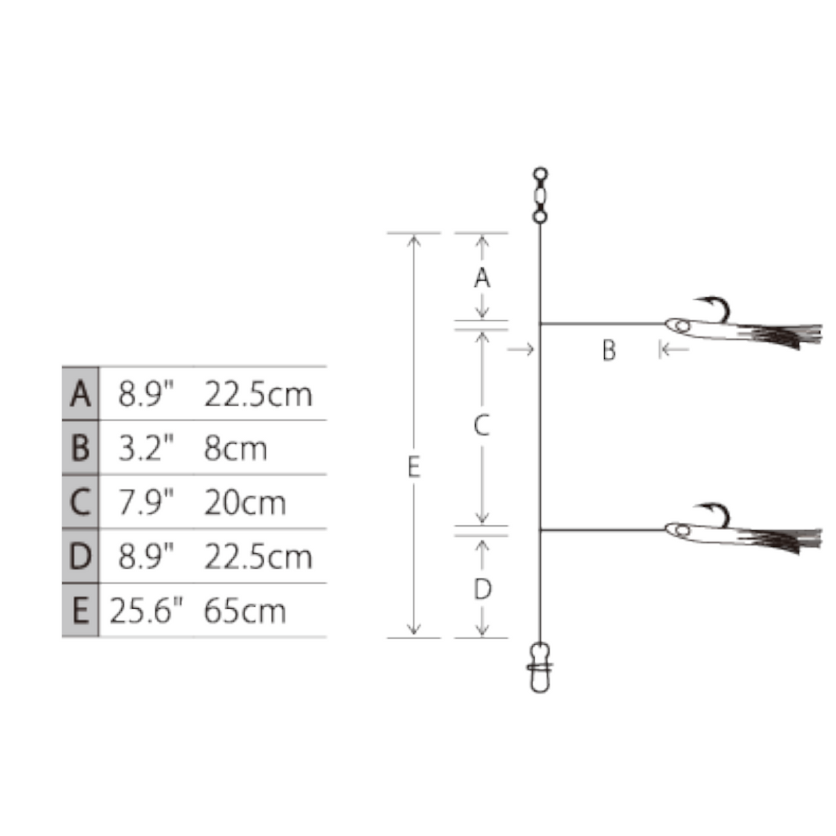 Rivernsea Hayabusa EX453 jigging rig diagram showing two-hook setup with squid baits and 65cm total length dimensions