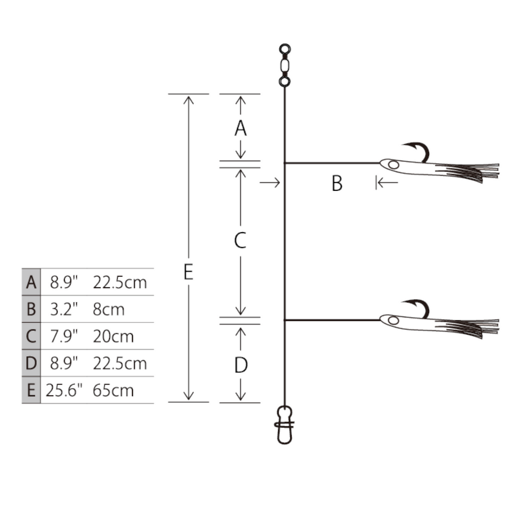 Rivernsea Hayabusa EX453 jigging sabiki rig diagram showing two-hook squid bait setup with measurements in cm and inches