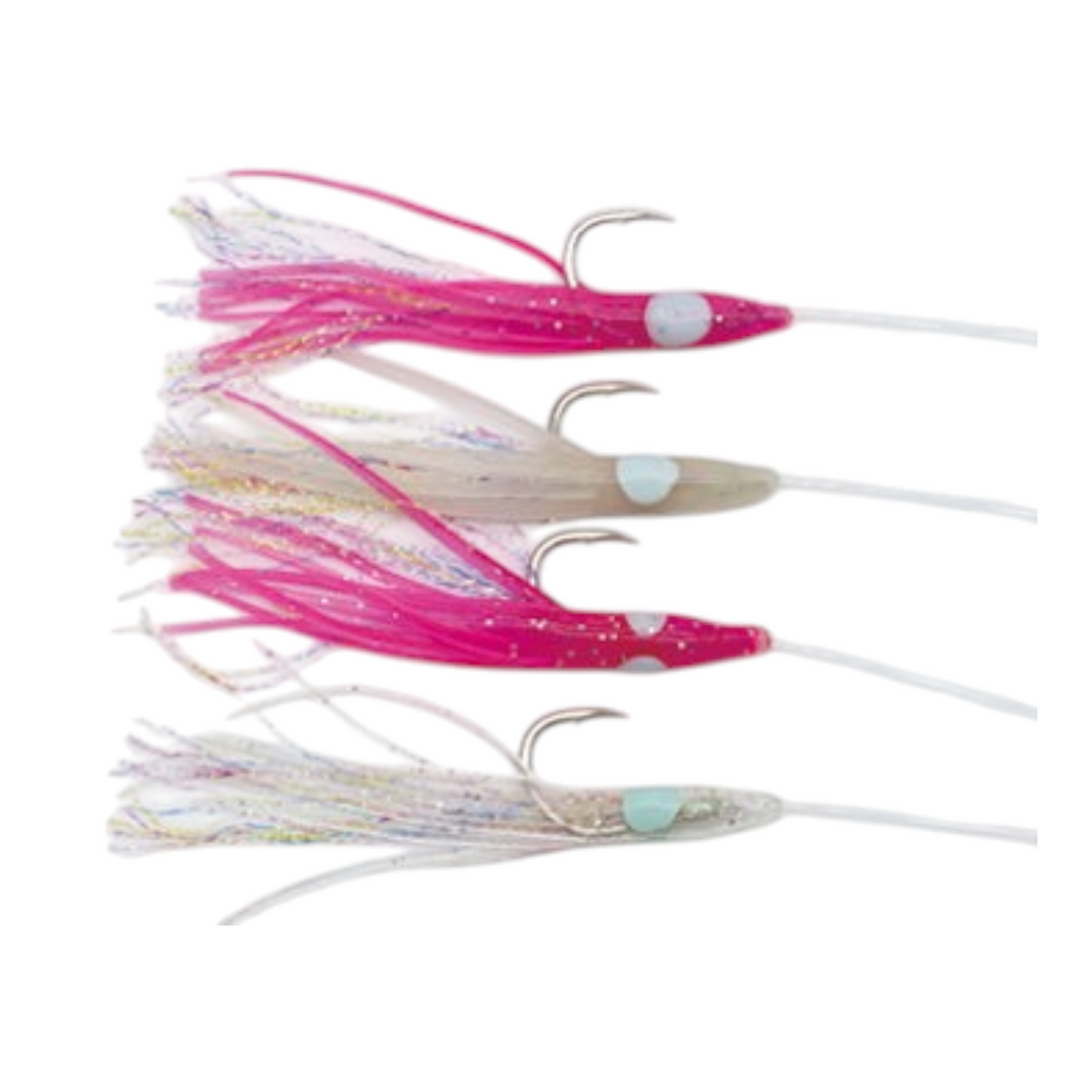 Rivernsea Hayabusa EX453 jigging rig with pink and transparent plastic squid baits and reflective aurora strands