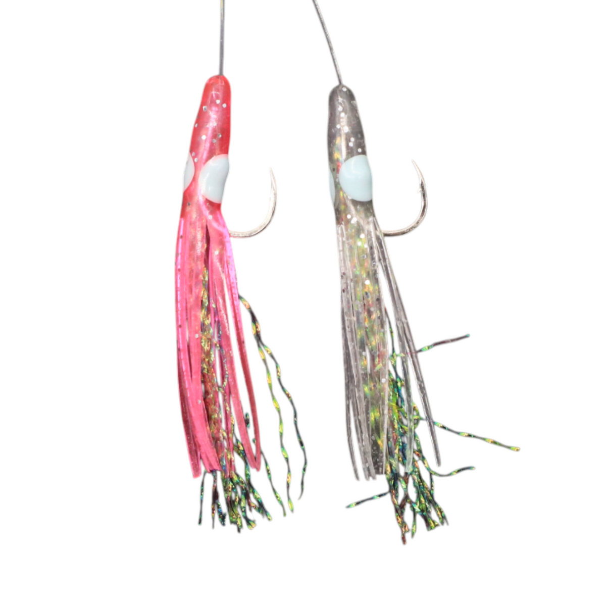 Rivernsea Hayabusa EX453 jigging rig with pink and transparent plastic squid baits featuring reflective aurora strands